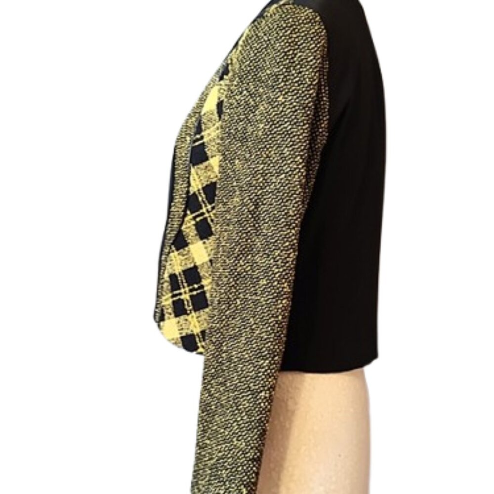 1990s Vintage Black & Yellow Color Blocked Cropped Short Jacket Mixed Fabrics - Picture 4 of 7